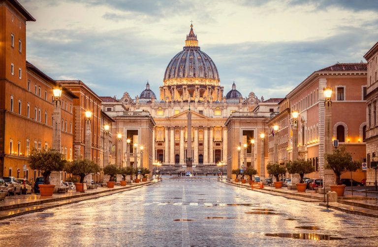 St.-Peters-Basilica-in-the-evening-from-Via-della-Conciliazione-in-Rome.-Vatican-Rome-Italy.